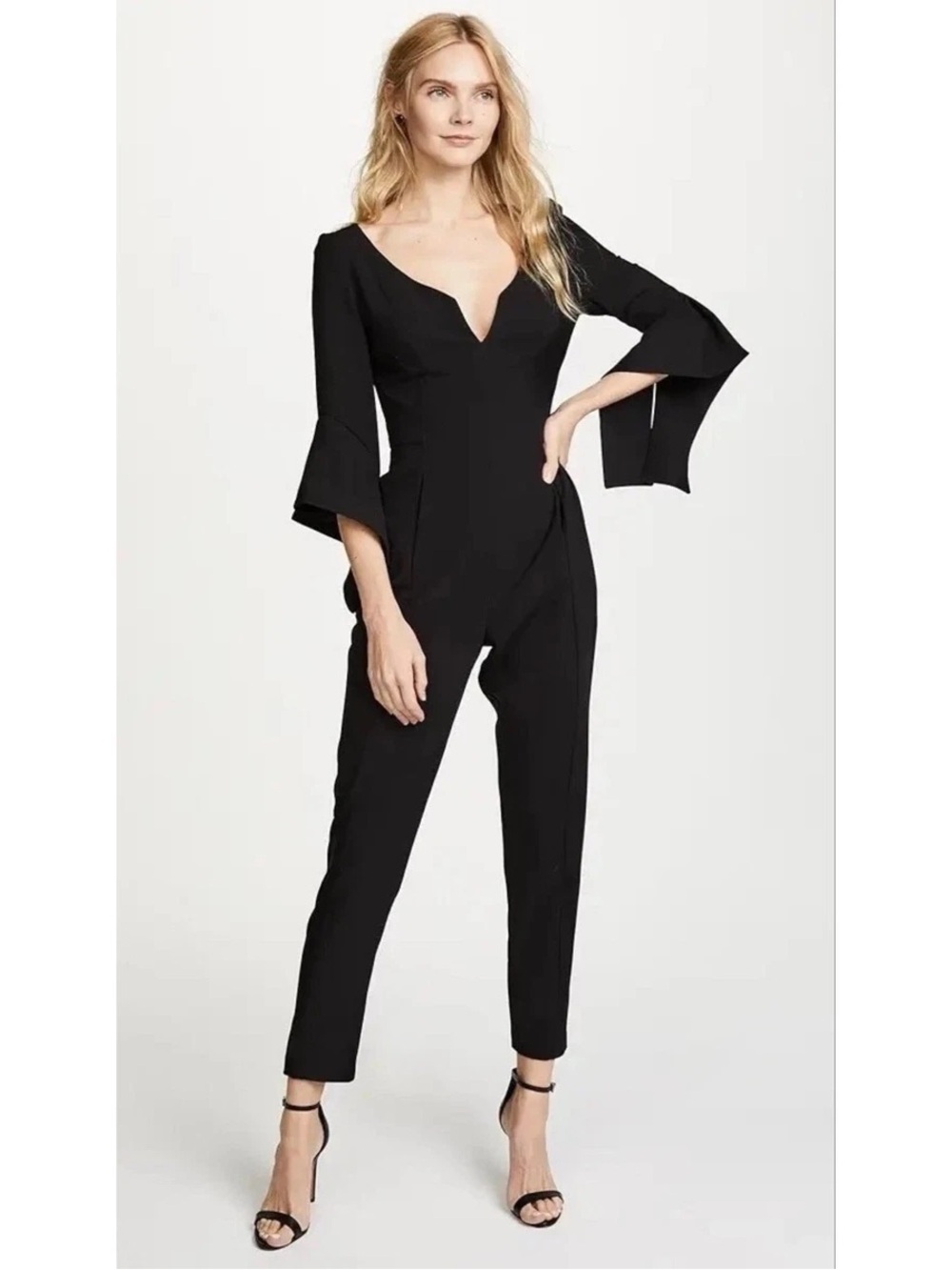 Black Halo Black Plunge V-Neck Jumpsuit with Flared Sleeves